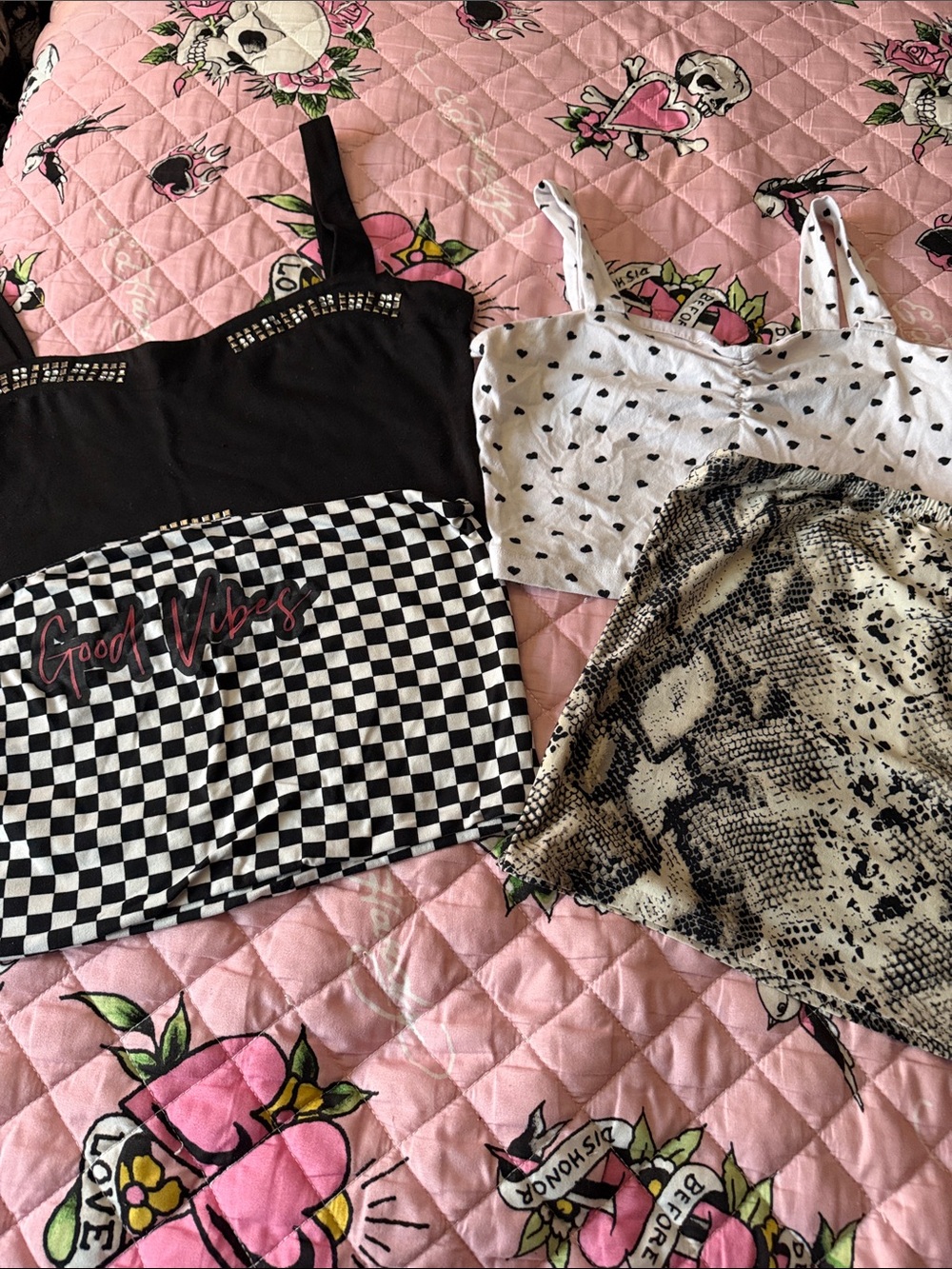 Mixed Crop Top Bundle - Black Checker, White Heart, Snakeskin